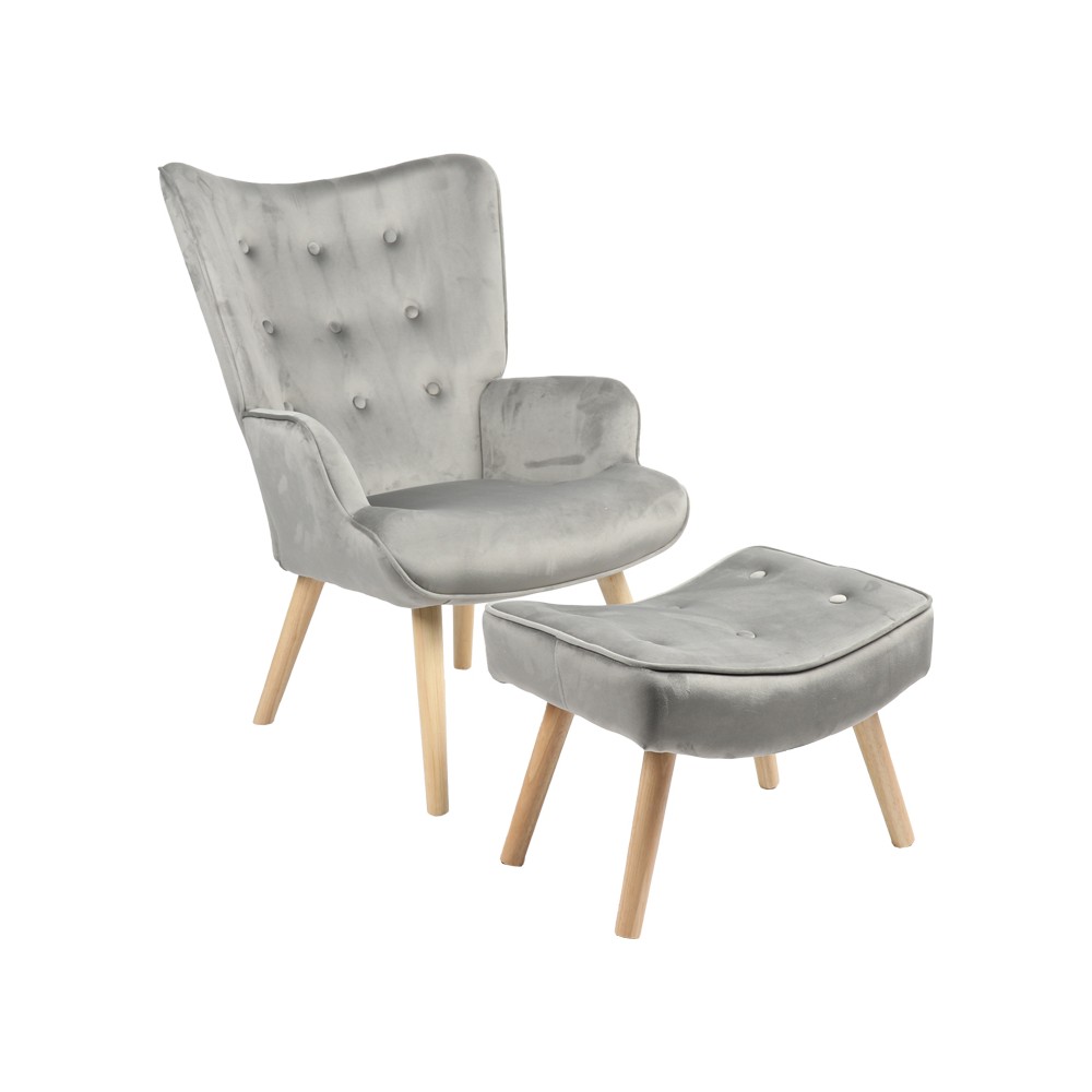 Fauteuil avec repose-pieds Vivienne tissu velours gris-pied naturel 75x69x96cm