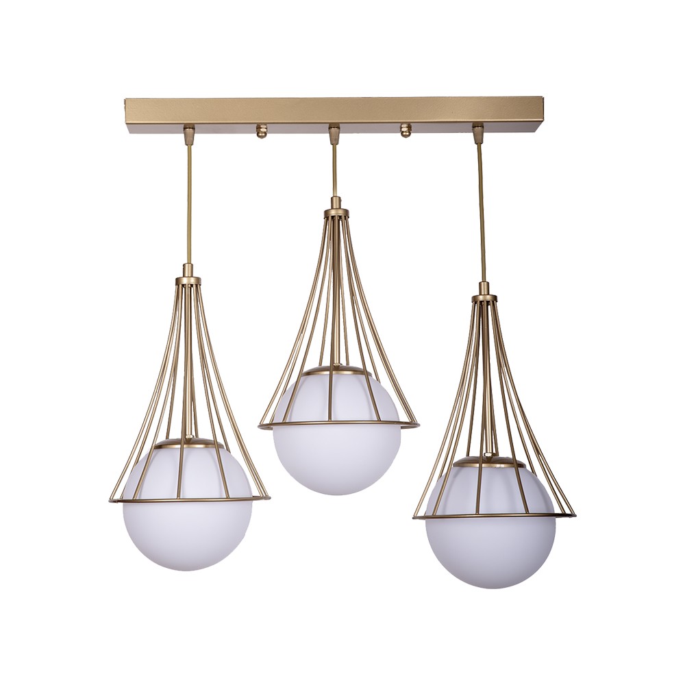 Plafonnier suspension luminaire trois lumières métal blanc or 50x20x78 cm
