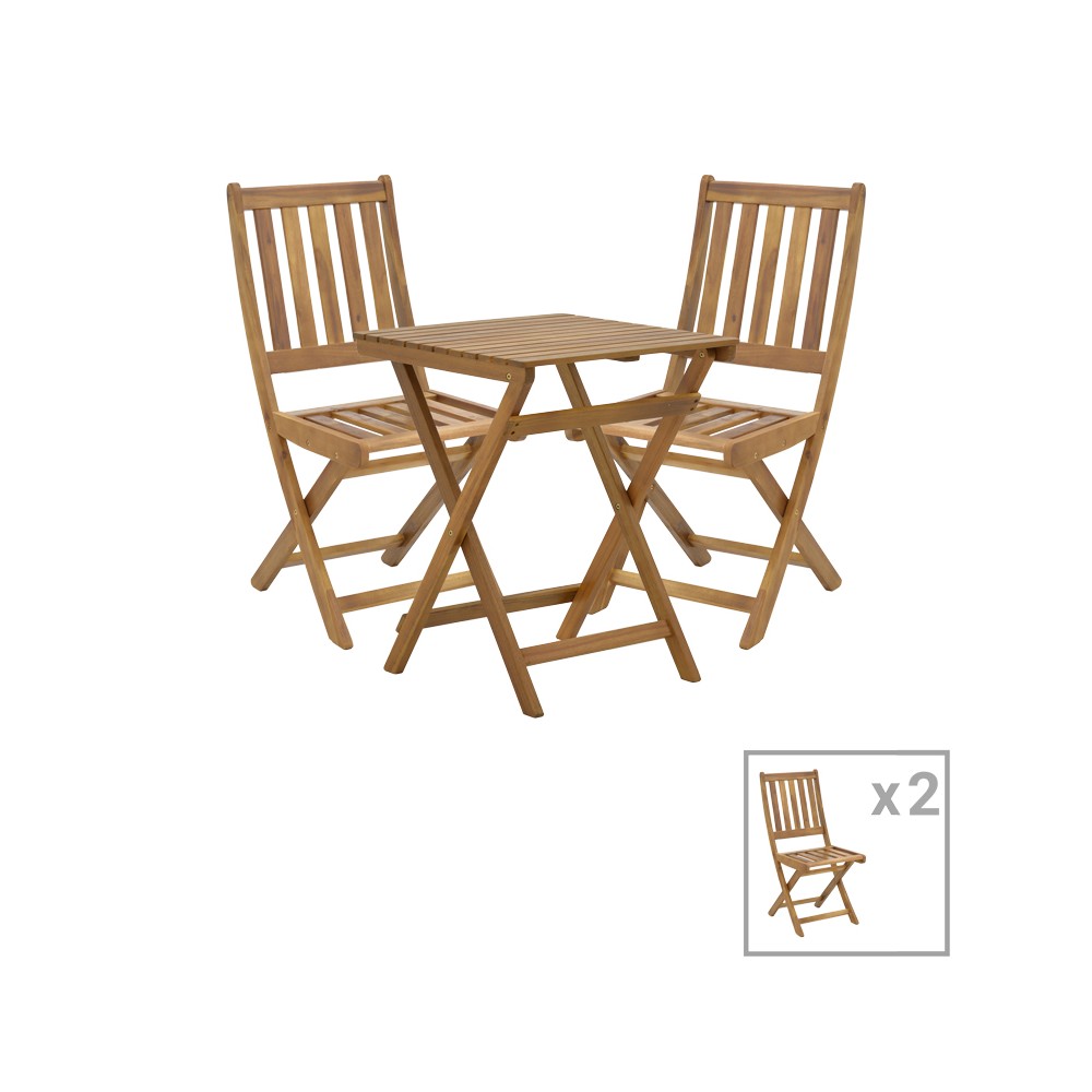 Ensemble Table chaise de jardin pliante en bois d'acacia massif naturel 50x50x70cm