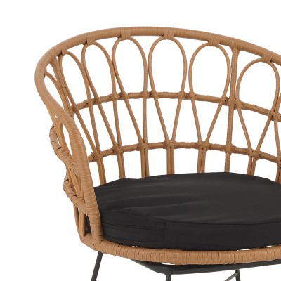 Ensemble Table chaise de jardin  rotin synthétique teinte naturelle-métal noir Φ60x74cm