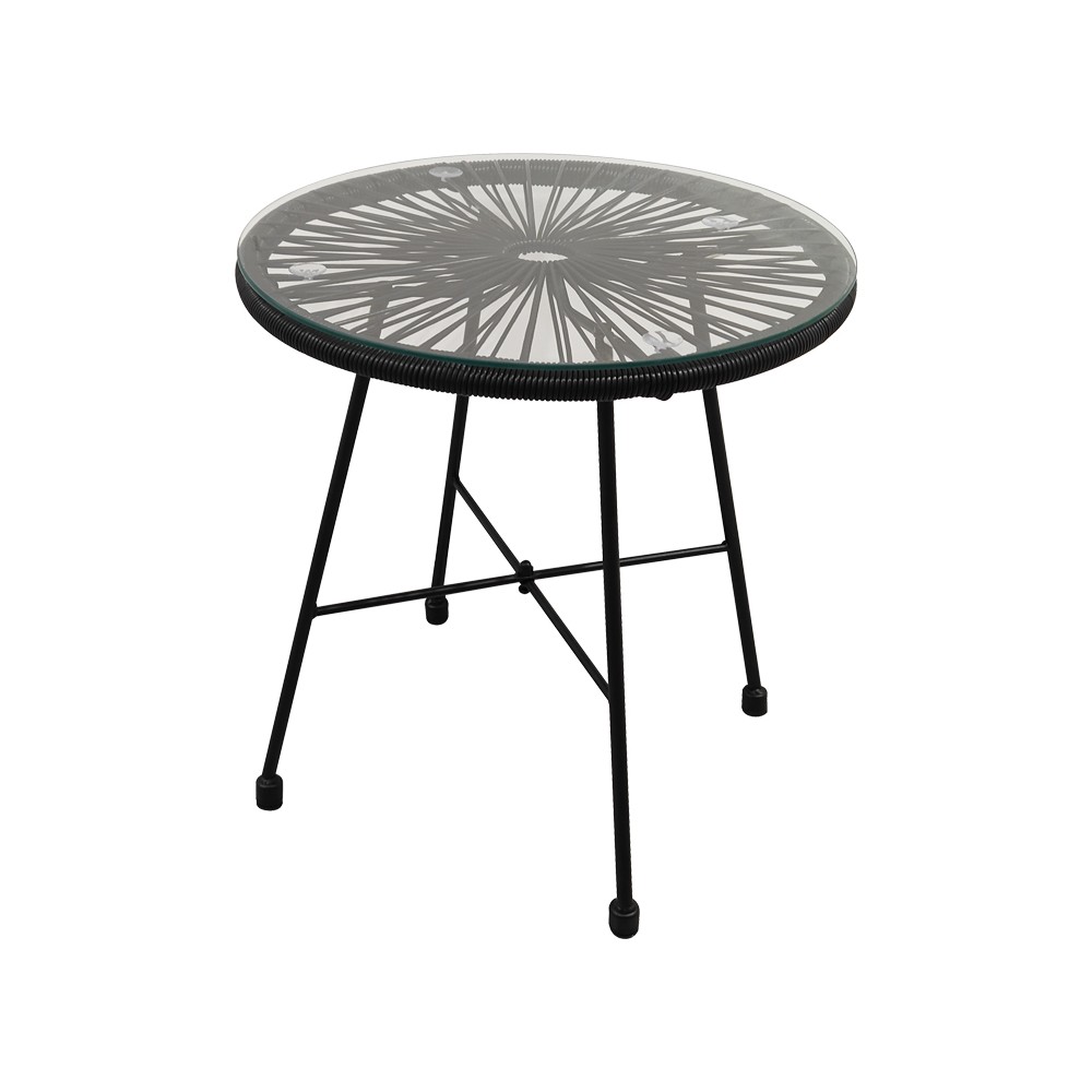 Ensemble 3 pièces  chaise table jardin -rotin noir-verre D50X50 cm