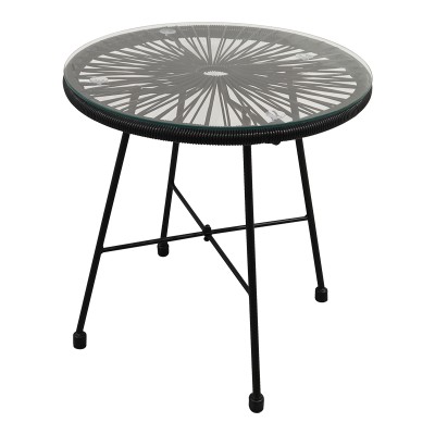 Ensemble 3 pièces  chaise table jardin -rotin noir-verre D50X50 cm