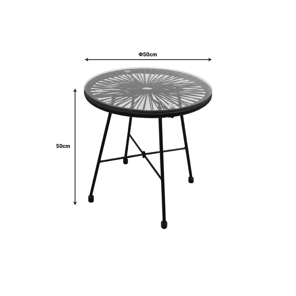 Ensemble 3 pièces  chaise table jardin -rotin noir-verre D50X50 cm