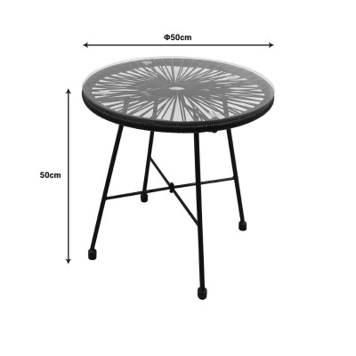 Ensemble 3 pièces  chaise table jardin -rotin noir-verre D50X50 cm