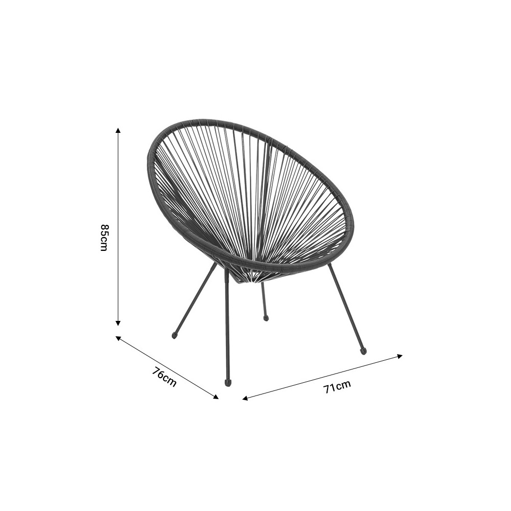 Ensemble 3 pièces  chaise table jardin -rotin noir-verre D50X50 cm