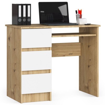 Bureau RICCI Gauche Marron Bois MDF 3 tiroirs façade Blanche 1 étagère 90x50x77 cm