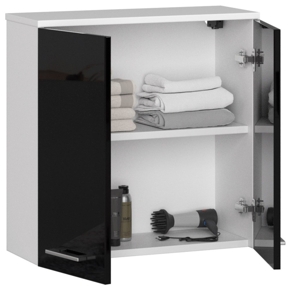 Armoire Salle De Bains Blanche 60X22X60 cm 2 Portes Façade Noir Brillant