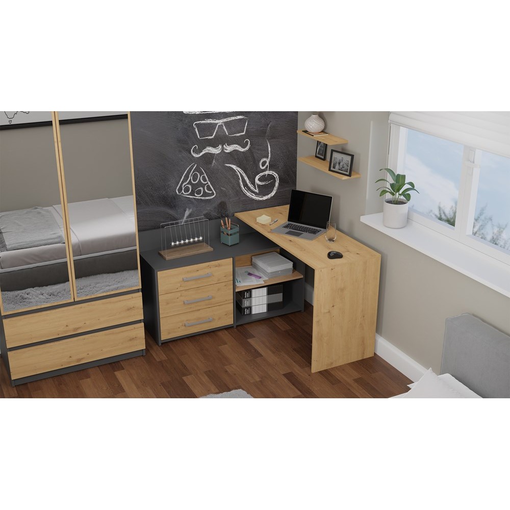 Bureau d'angle NOZE 3 tiroirs anthracite et  bois chêne 120X50X76 cm