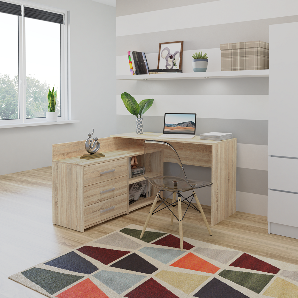 Bureau d'angle NOZE 3 tiroirs marron bois chêne 120X50X76 cm