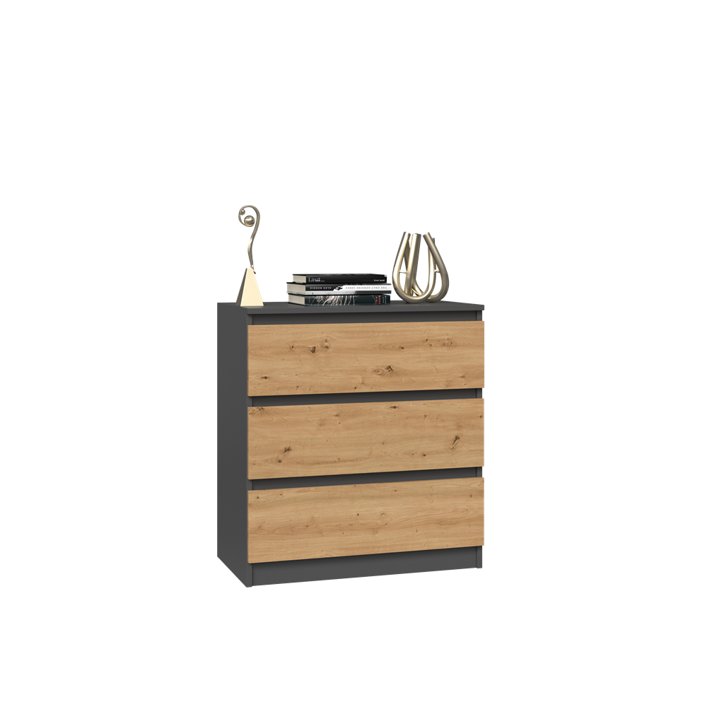 Commode ISIDOR 3 tiroirs  70x40x75 cm Anthracite - Chêne Artisan