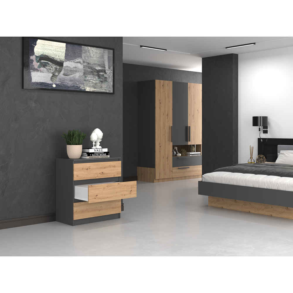 Commode ISIDOR 3 tiroirs  70x40x75 cm Anthracite - Chêne Artisan
