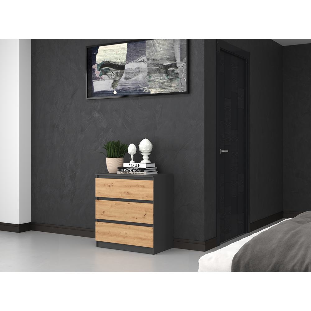 Commode ISIDOR 3 tiroirs  70x40x75 cm Anthracite - Chêne Artisan
