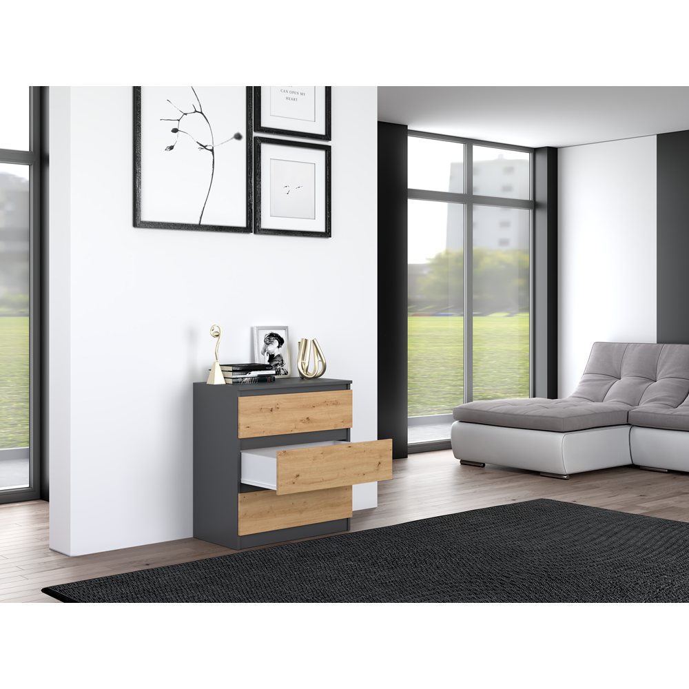 Commode ISIDOR 3 tiroirs  70x40x75 cm Anthracite - Chêne Artisan