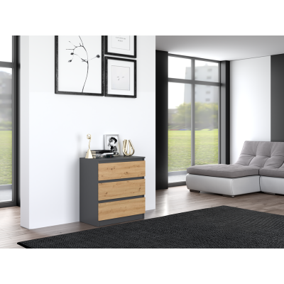 Commode ISIDOR 3 tiroirs  70x40x75 cm Anthracite - Chêne Artisan