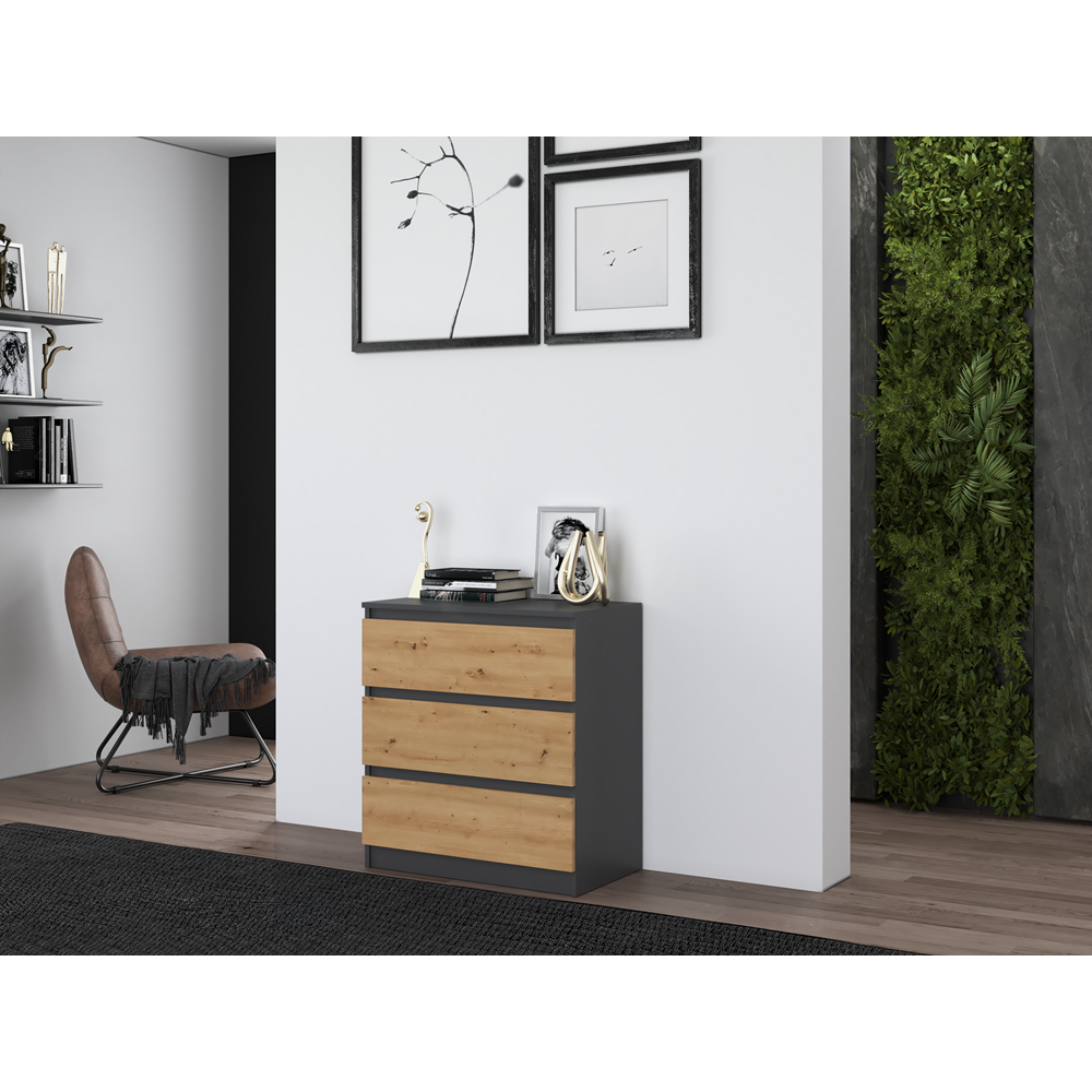Commode ISIDOR 3 tiroirs  70x40x75 cm Anthracite - Chêne Artisan