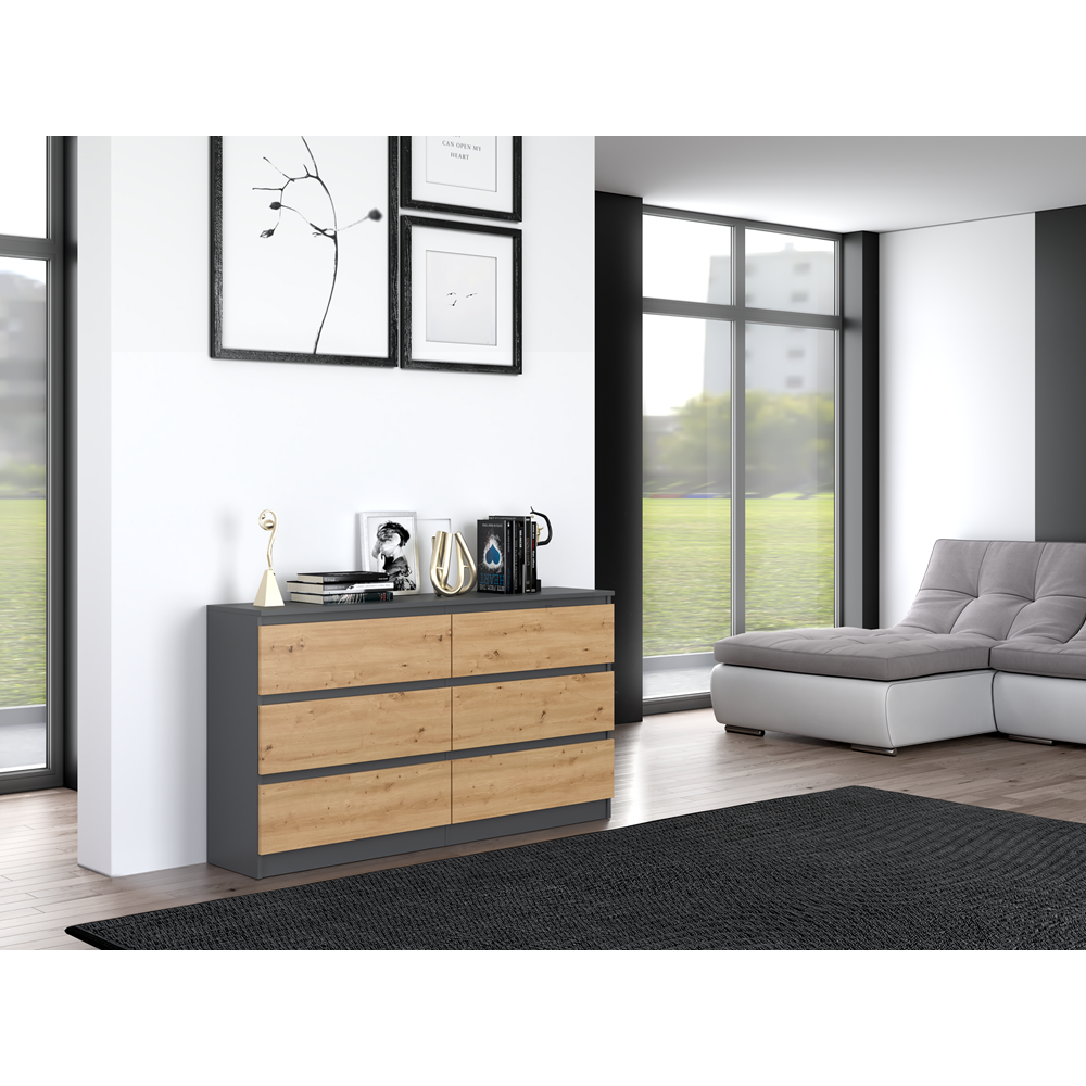 Commode IRINA 6 tiroirs 138 x75 x 40 cm Gris Bois
