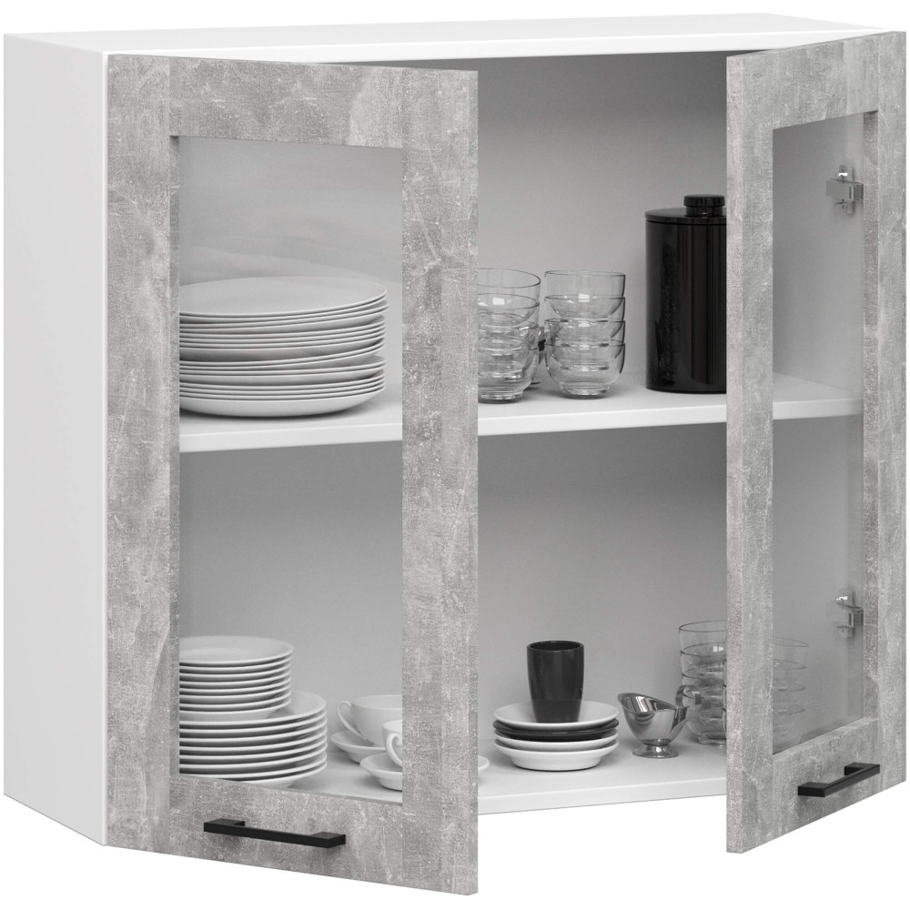 Meuble cuisine vitrine NORA Blanc 2 portes Grise  2 étagères 80x30x72 cm