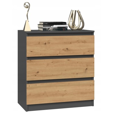 Commode ISIDOR 3 tiroirs  70x40x75 cm Anthracite - Chêne Artisan