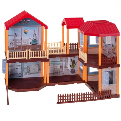 Maison de poupée villa éclairage toit rouge + meubles et poupées
