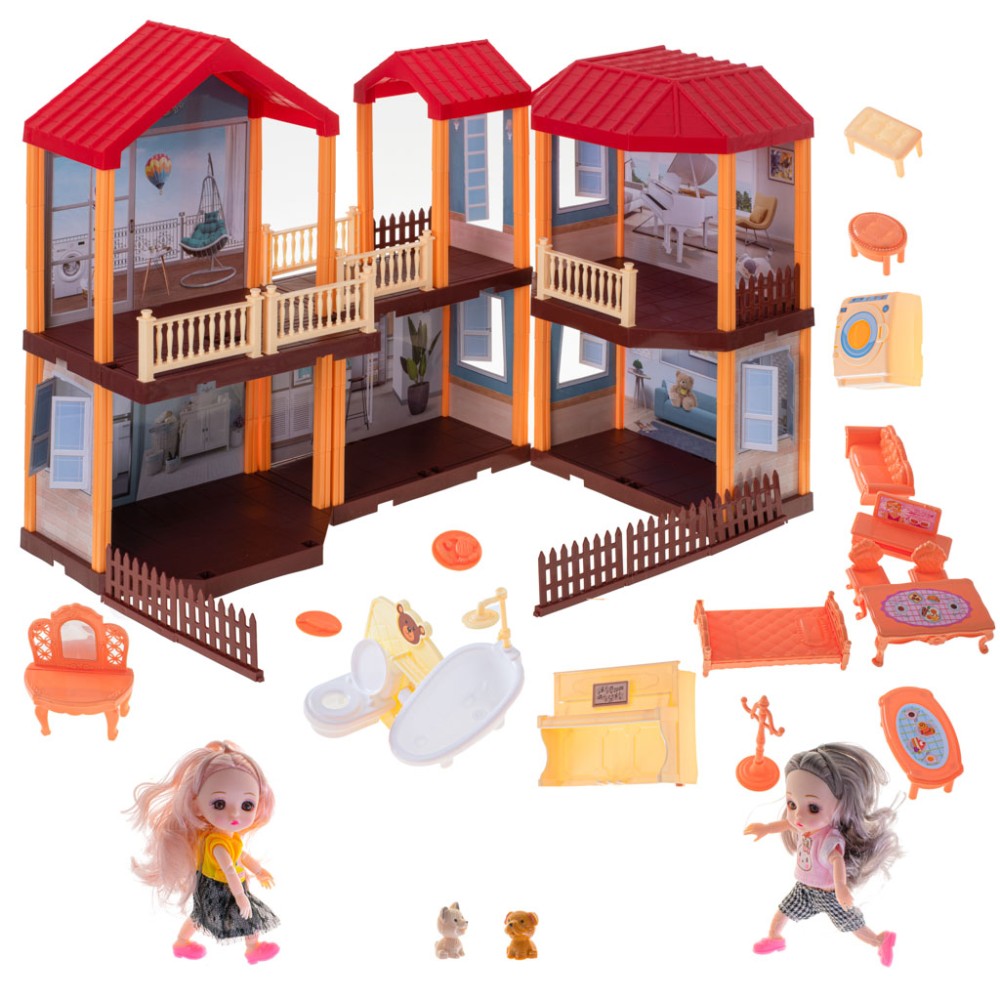 Maison de poupée villa éclairage toit rouge + meubles et poupées