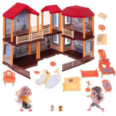 Maison de poupée villa éclairage toit rouge + meubles et poupées
