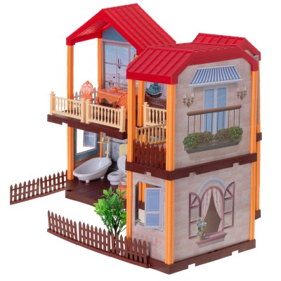 Maison de poupée villa éclairage toit rouge + meubles et poupées