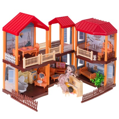 Maison de poupée villa éclairage toit rouge + meubles et poupées