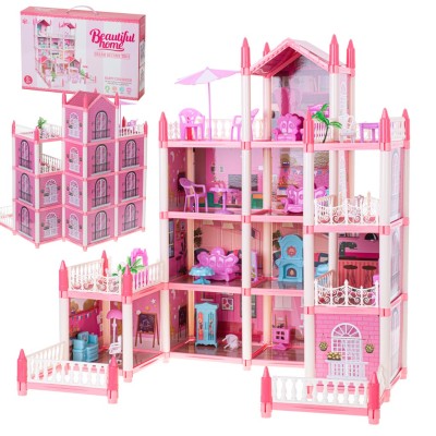 Maison de poupée villa rose DIY 4 niveaux meubles