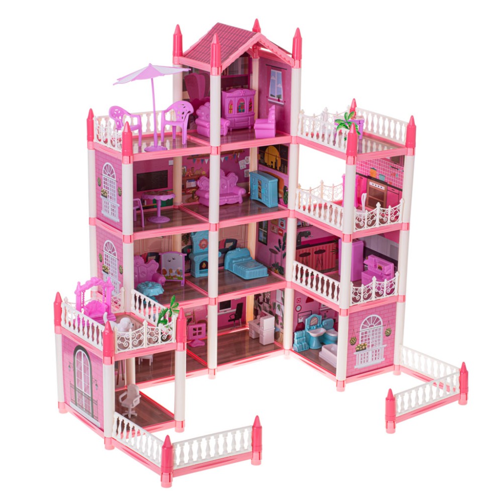 Maison de poupée villa rose DIY 4 niveaux meubles