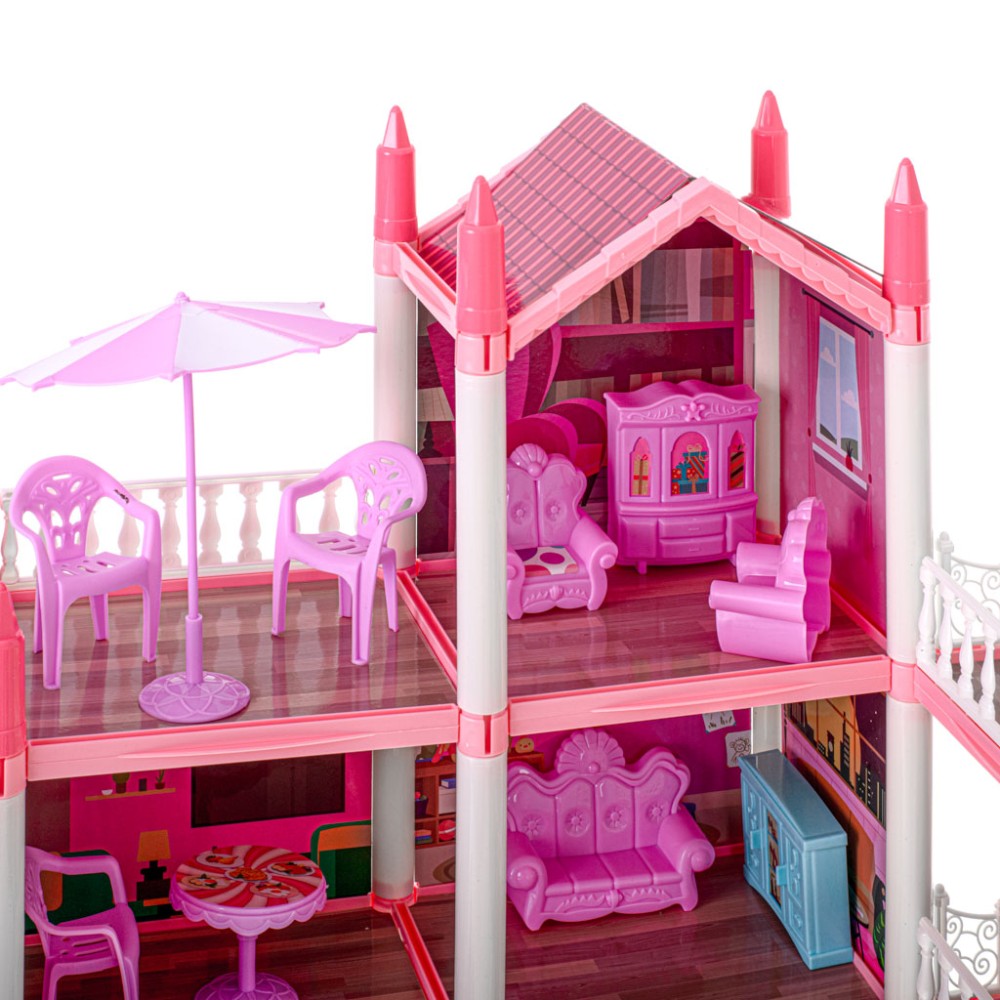 Maison de poupée villa rose DIY 4 niveaux meubles