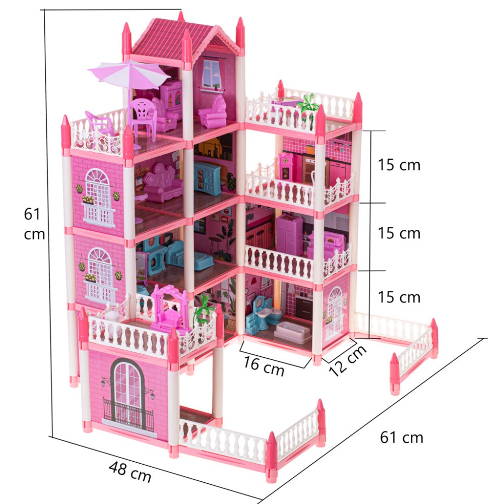 Maison de poupée villa rose DIY 4 niveaux meubles