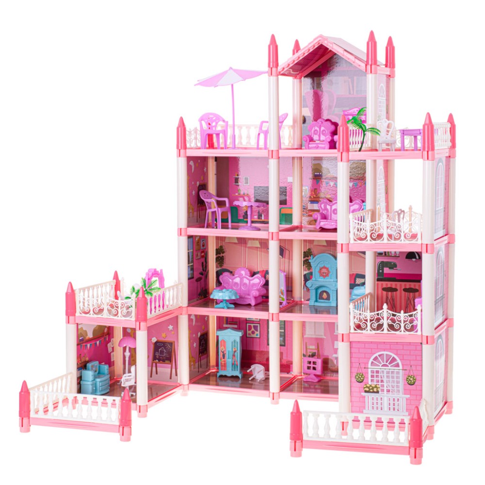Maison de poupée villa rose DIY 4 niveaux meubles