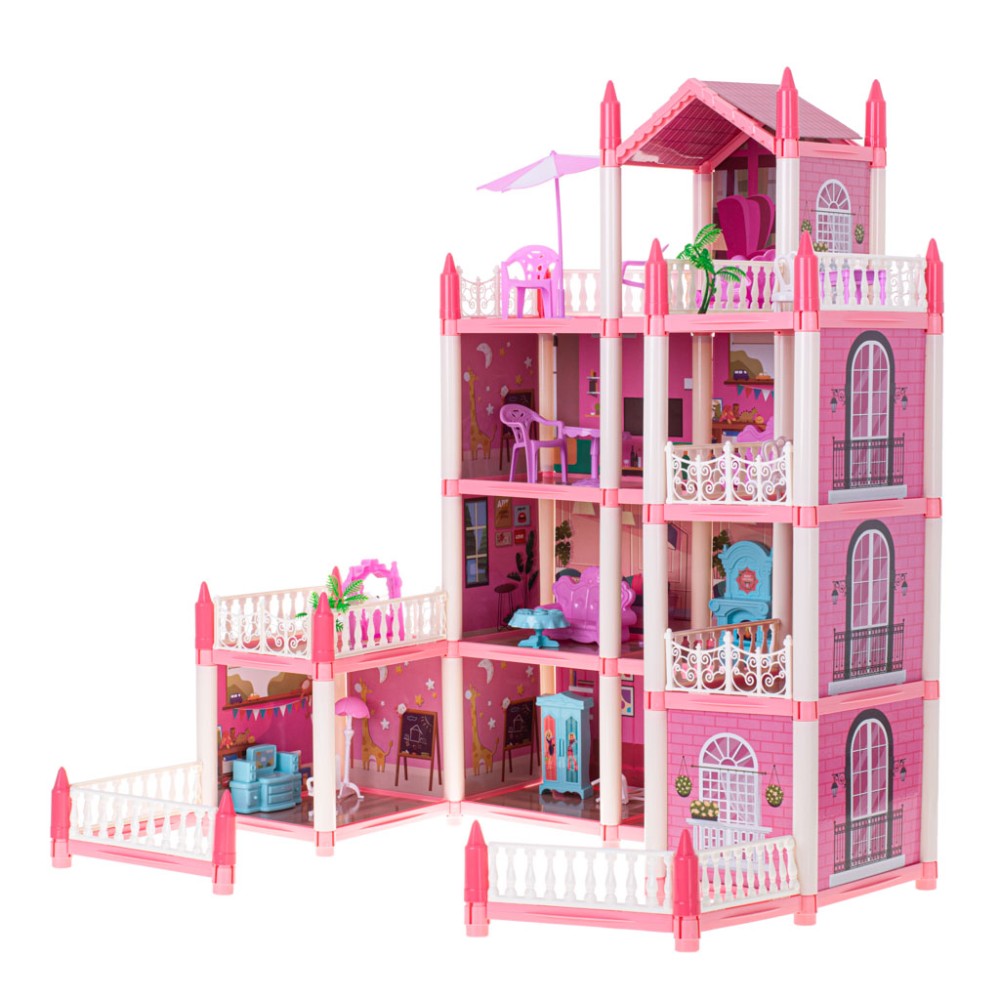 Maison de poupée villa rose DIY 4 niveaux meubles