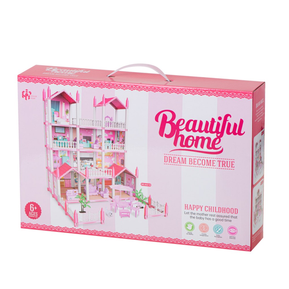 Maison de poupée villa rose DIY 4 niveaux meubles