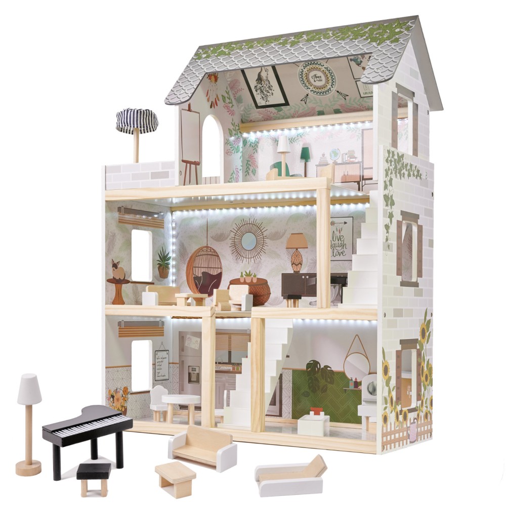 Maison de poupée en bois ULILO FLORO bohème LED 