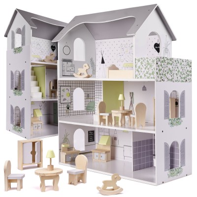 Maison de poupée en bois + meubles 70cm gris