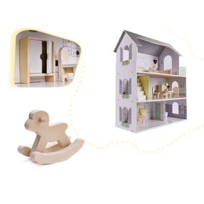 Maison de poupée en bois + meubles 70cm gris