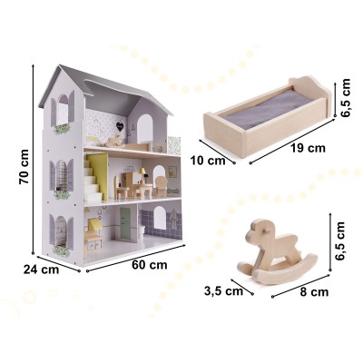 Maison de poupée en bois + meubles 70cm gris