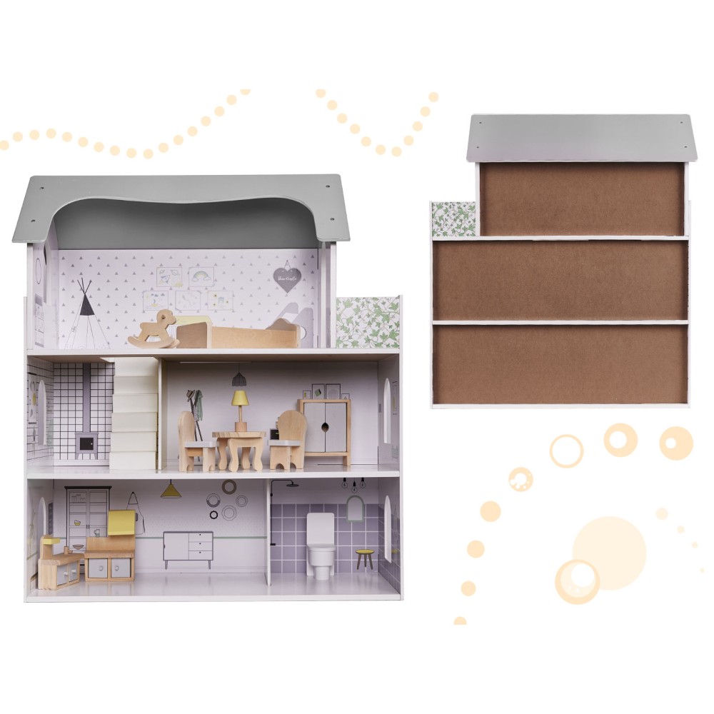 Maison de poupée en bois + meubles 70cm gris