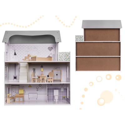Maison de poupée en bois + meubles 70cm gris
