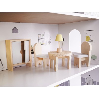 Maison de poupée en bois + meubles 70cm gris