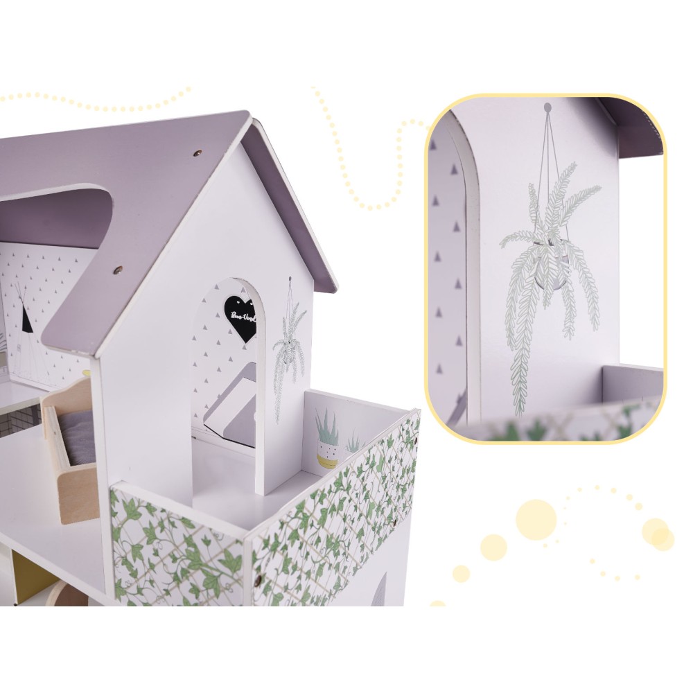 Maison de poupée en bois + meubles 70cm gris