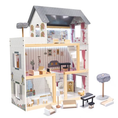 Maison de poupée en bois MDF + meubles 78cm LED noir