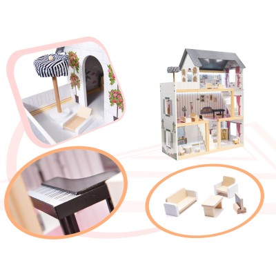 Maison de poupée en bois MDF + meubles 78cm LED noir