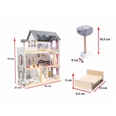 Maison de poupée en bois MDF + meubles 78cm LED noir