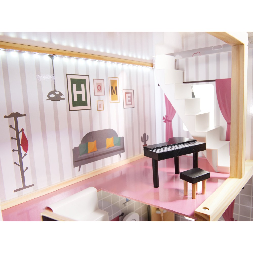 Maison de poupée en bois MDF + meubles 78cm LED noir