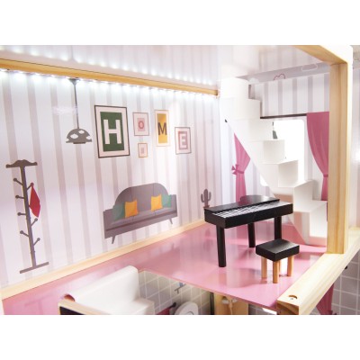Maison de poupée en bois MDF + meubles 78cm LED noir