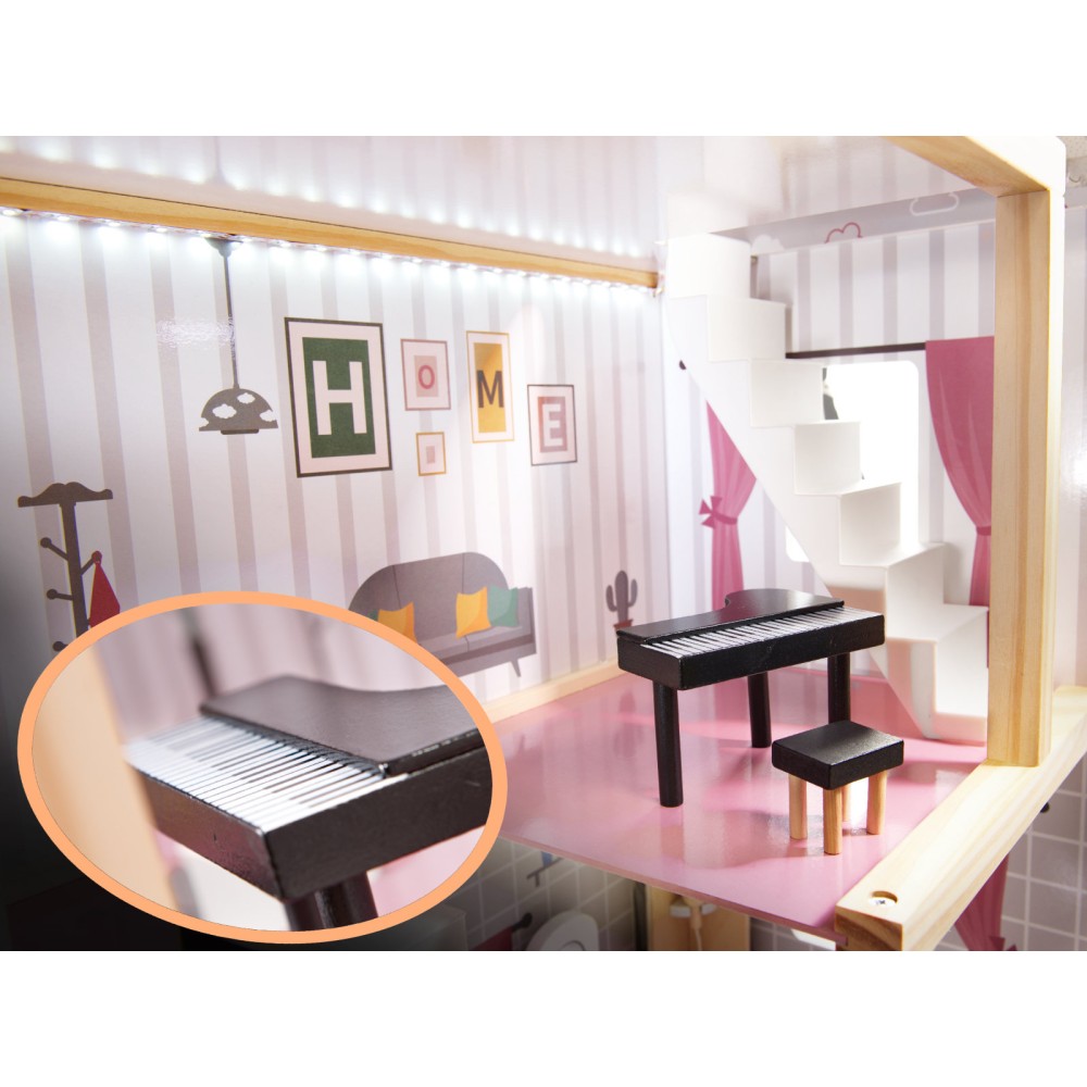 Maison de poupée en bois MDF + meubles 78cm LED noir