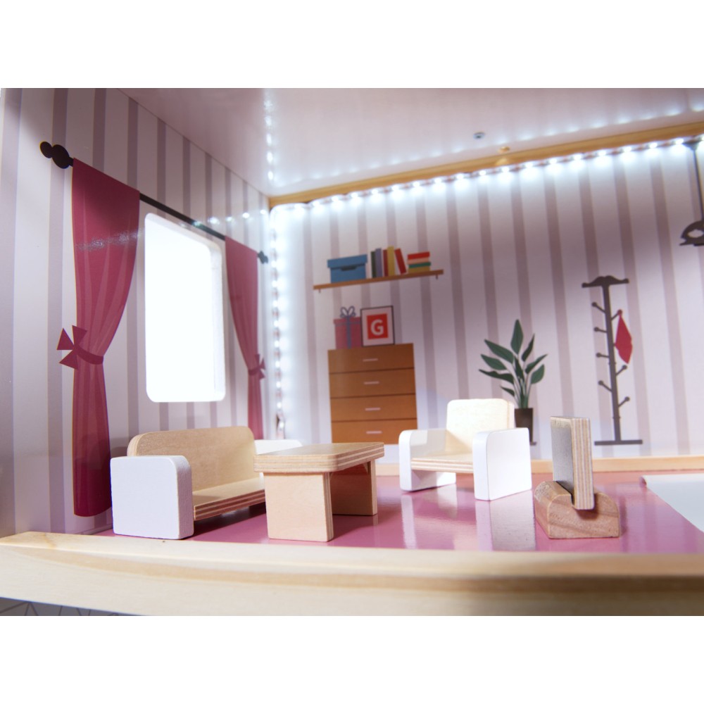 Maison de poupée en bois MDF + meubles 78cm LED noir