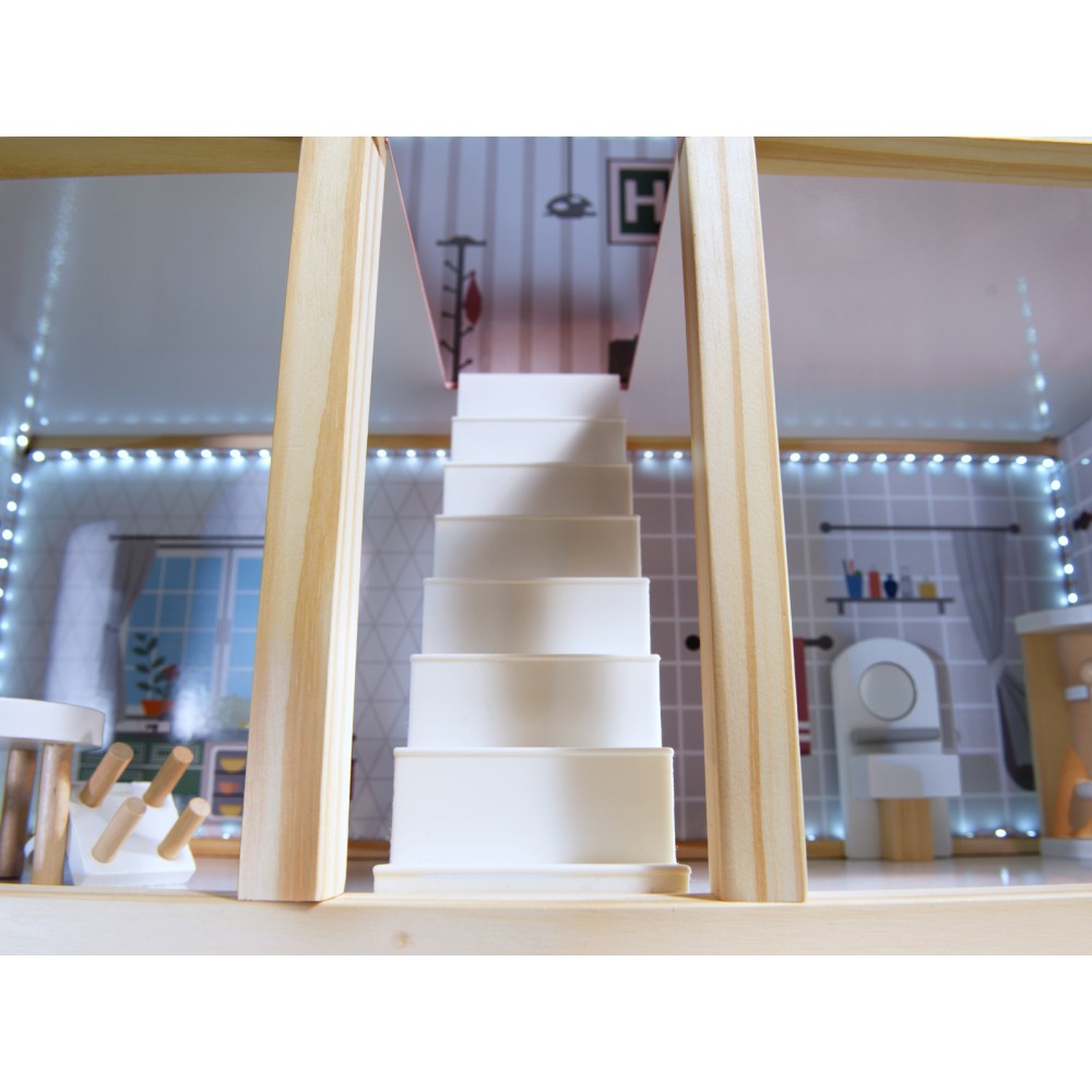 Maison de poupée en bois MDF + meubles 78cm LED noir